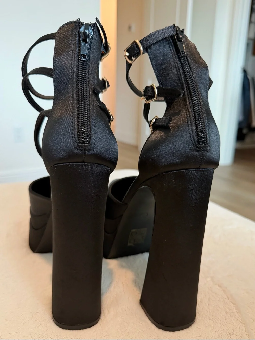 PrettyLittleThing Satin Double Platform Pointed Black Heels